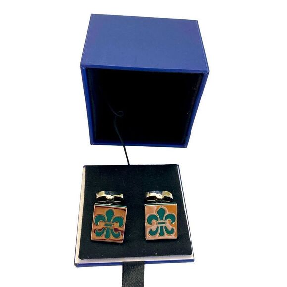 Mens wearhouse Egara cuff links teal color fleur di lis silver color boxed set - Picture 1 of 4